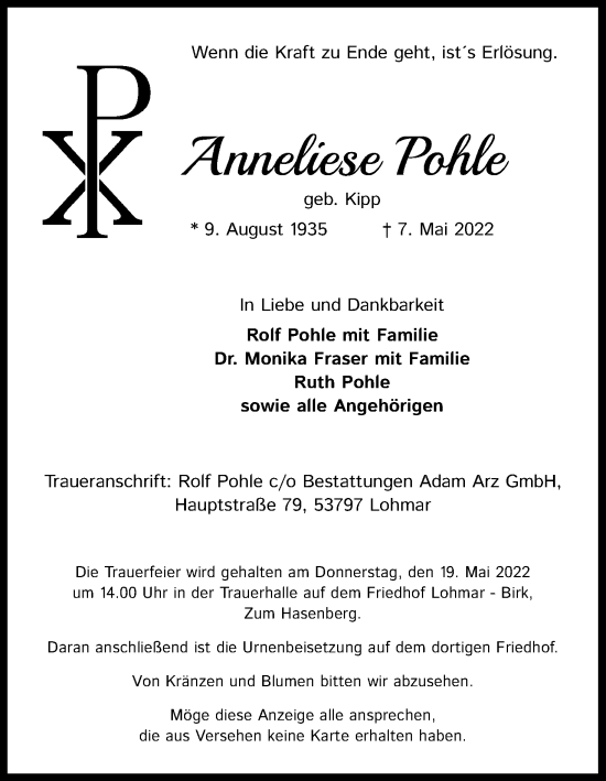 Anzeige von Anneliese Pore von Kölner Stadt-Anzeiger / Kölnische Rundschau / Express