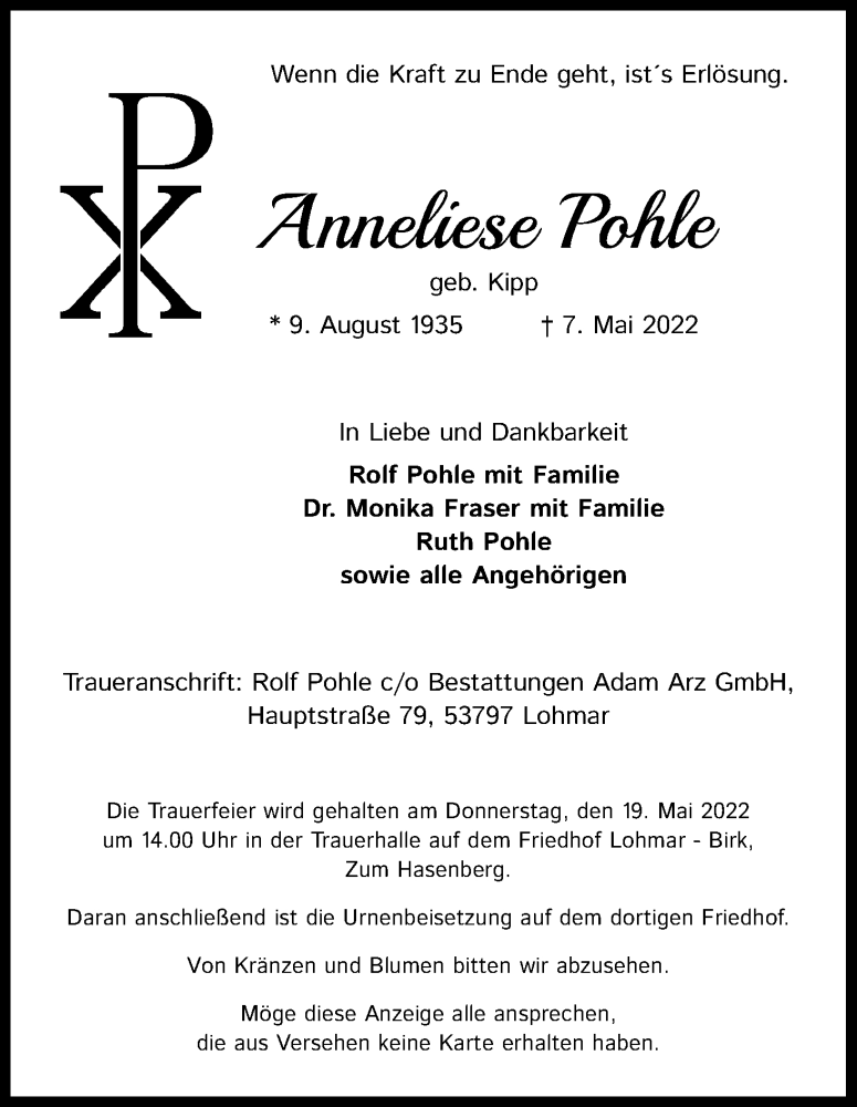  Traueranzeige für Anneliese Pore vom 17.05.2022 aus Kölner Stadt-Anzeiger / Kölnische Rundschau / Express