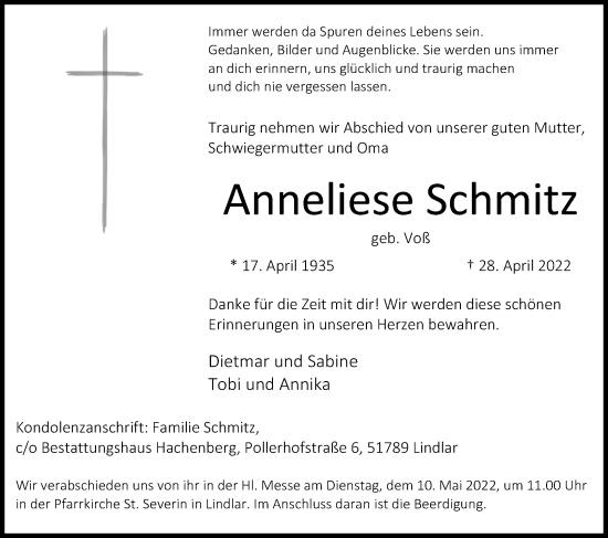 Anzeige von Anneliese Schmitz von Kölner Stadt-Anzeiger / Kölnische Rundschau / Express