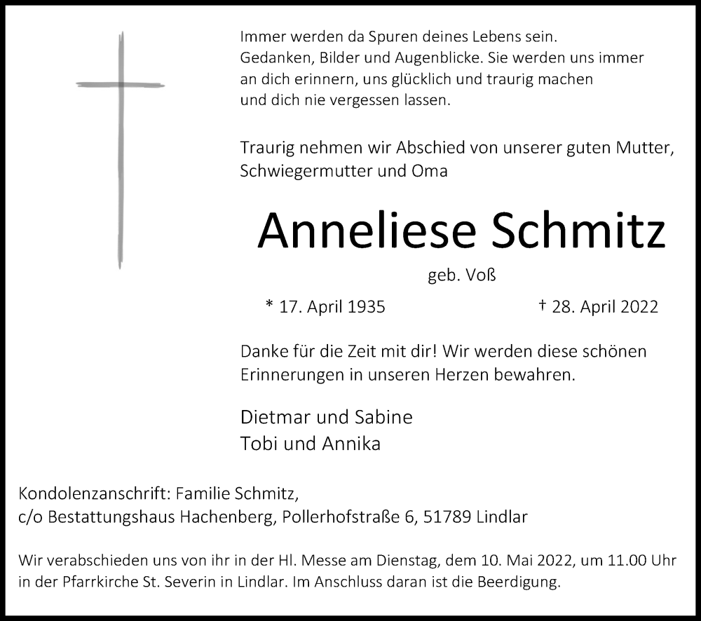  Traueranzeige für Anneliese Schmitz vom 07.05.2022 aus Kölner Stadt-Anzeiger / Kölnische Rundschau / Express