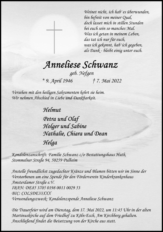 Anzeige von Anneliese Schwanz von Kölner Stadt-Anzeiger / Kölnische Rundschau / Express