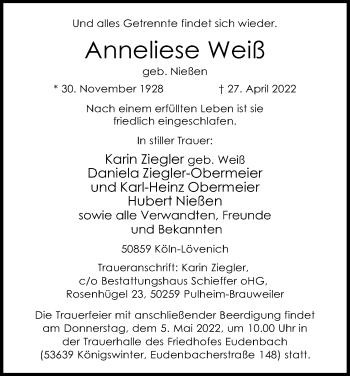 Anzeige von Anneliese Weiß von Kölner Stadt-Anzeiger / Kölnische Rundschau / Express