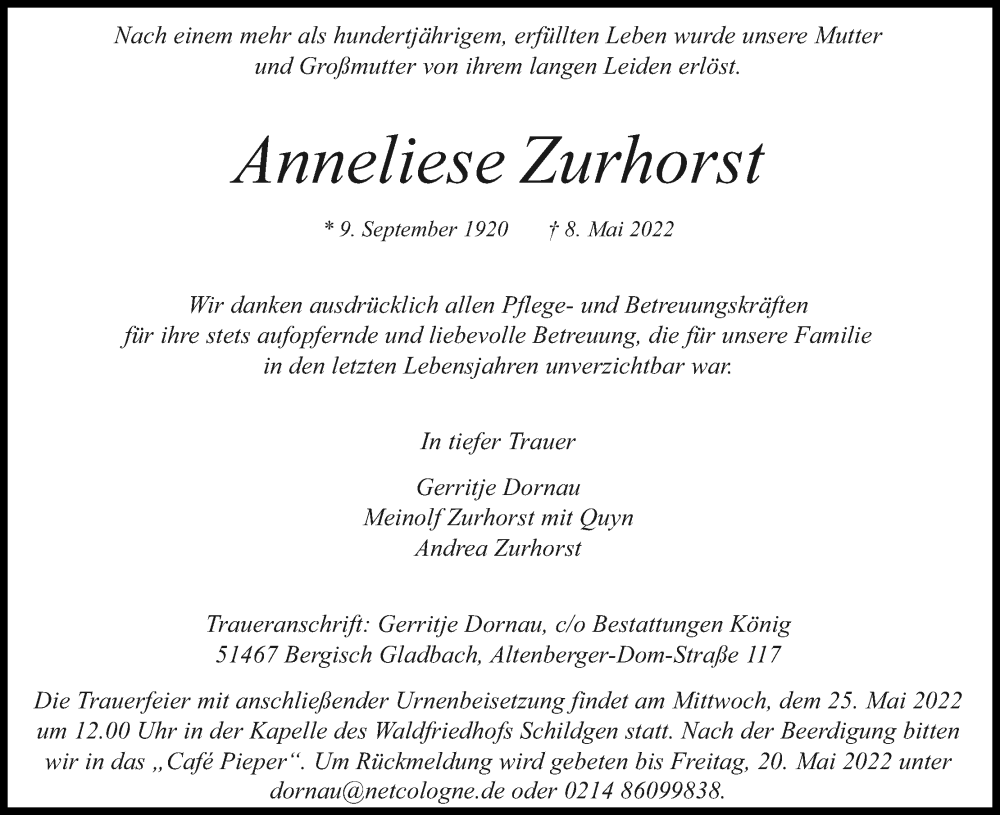  Traueranzeige für Anneliese Zurhorst vom 21.05.2022 aus Kölner Stadt-Anzeiger / Kölnische Rundschau / Express
