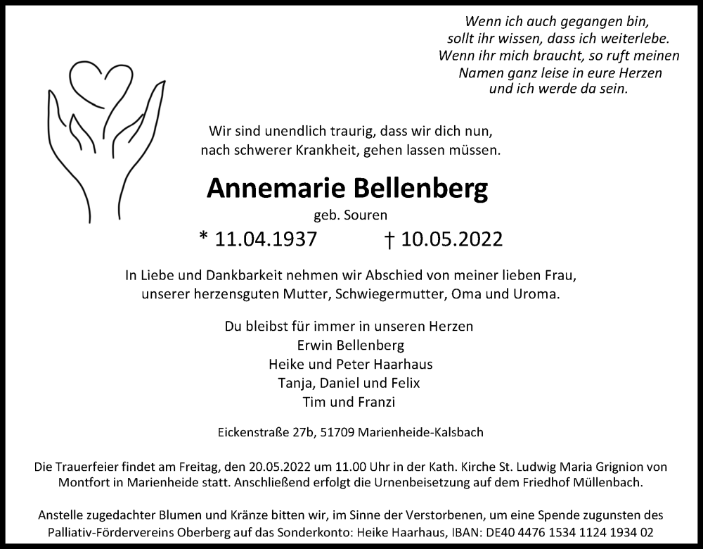  Traueranzeige für Annemarie Bellenberg vom 14.05.2022 aus Kölner Stadt-Anzeiger / Kölnische Rundschau / Express
