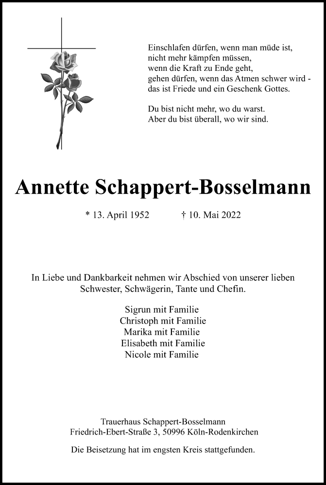  Traueranzeige für Annette Schappert-Bosselmann vom 21.05.2022 aus Kölner Stadt-Anzeiger / Kölnische Rundschau / Express