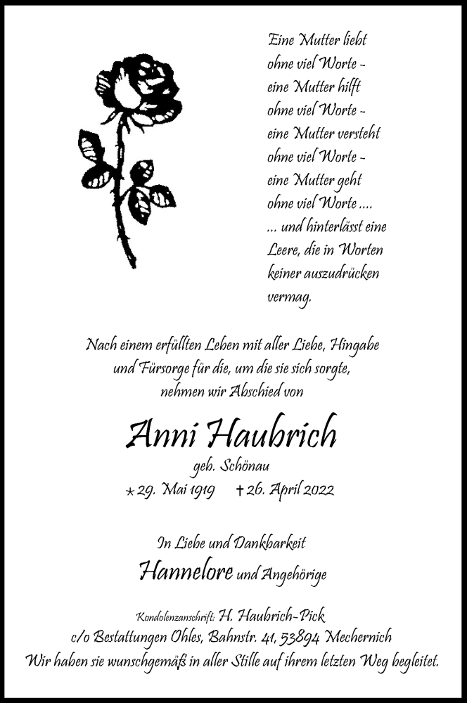  Traueranzeige für Anni Haubrich vom 21.05.2022 aus Kölner Stadt-Anzeiger / Kölnische Rundschau / Express