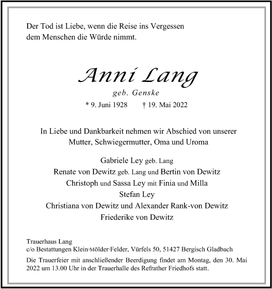 Anzeige von Anni Lang von Kölner Stadt-Anzeiger / Kölnische Rundschau / Express