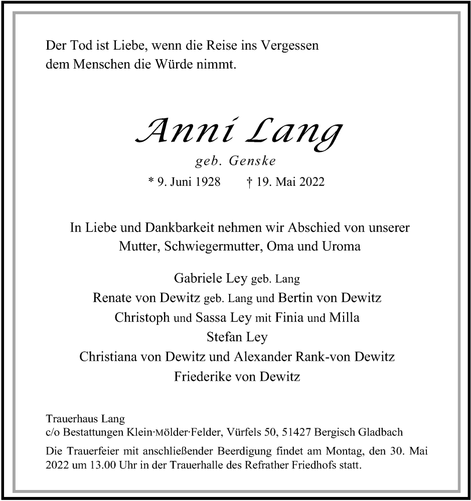  Traueranzeige für Anni Lang vom 28.05.2022 aus Kölner Stadt-Anzeiger / Kölnische Rundschau / Express
