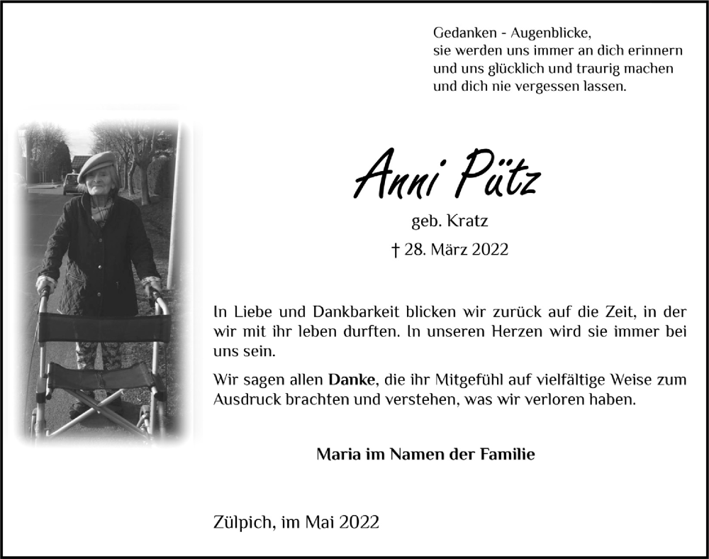  Traueranzeige für Anni Pütz vom 14.05.2022 aus  Blickpunkt Euskirchen 