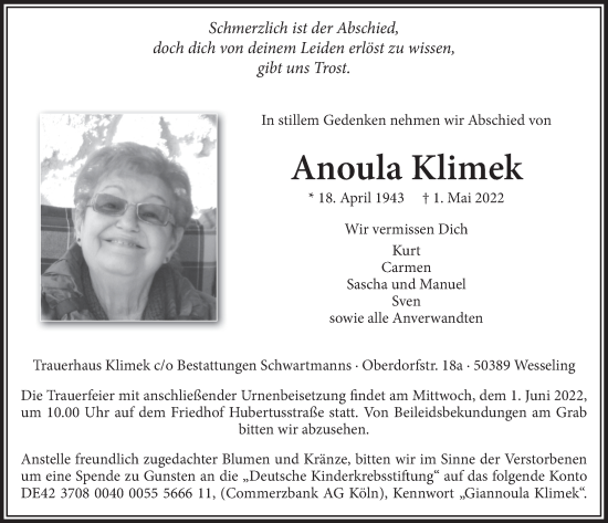 Anzeige von Anoula Klimek von  Schlossbote/Werbekurier 