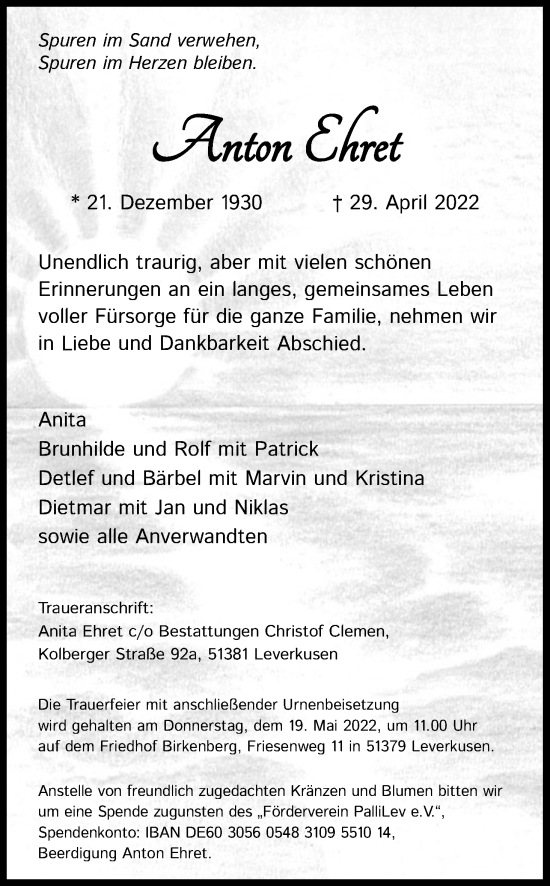 Anzeige von Anton Ehret von Kölner Stadt-Anzeiger / Kölnische Rundschau / Express