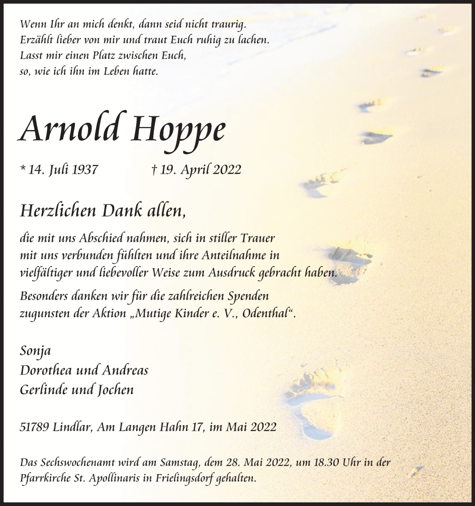  Traueranzeige für Arnold Hoppe vom 21.05.2022 aus Kölner Stadt-Anzeiger / Kölnische Rundschau / Express
