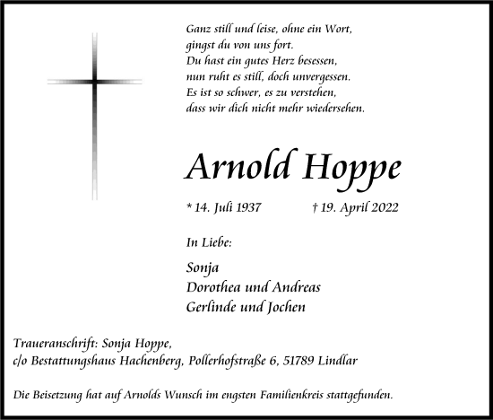 Anzeige von Arnold Hoppe von Kölner Stadt-Anzeiger / Kölnische Rundschau / Express