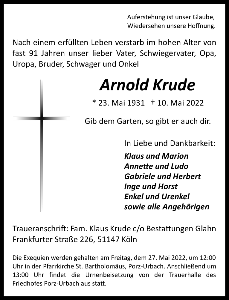  Traueranzeige für Arnold Krude vom 20.05.2022 aus  EXPRESS - Die Woche 