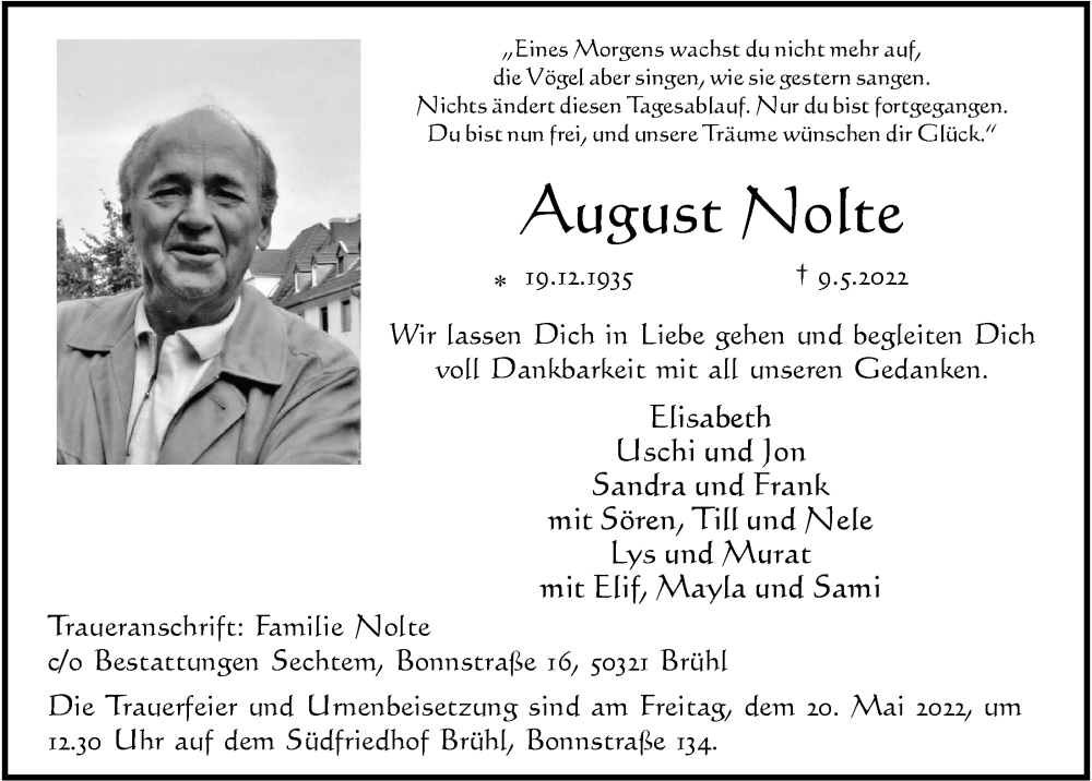  Traueranzeige für August Nolte vom 20.05.2022 aus  Schlossbote/Werbekurier 