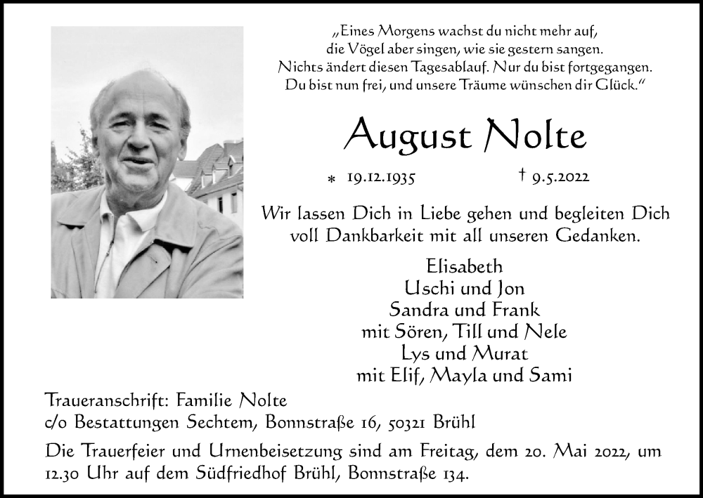  Traueranzeige für August Nolte vom 14.05.2022 aus Kölner Stadt-Anzeiger / Kölnische Rundschau / Express