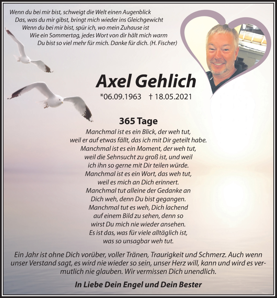  Traueranzeige für Axel Gehlich vom 14.05.2022 aus  Blickpunkt Euskirchen 
