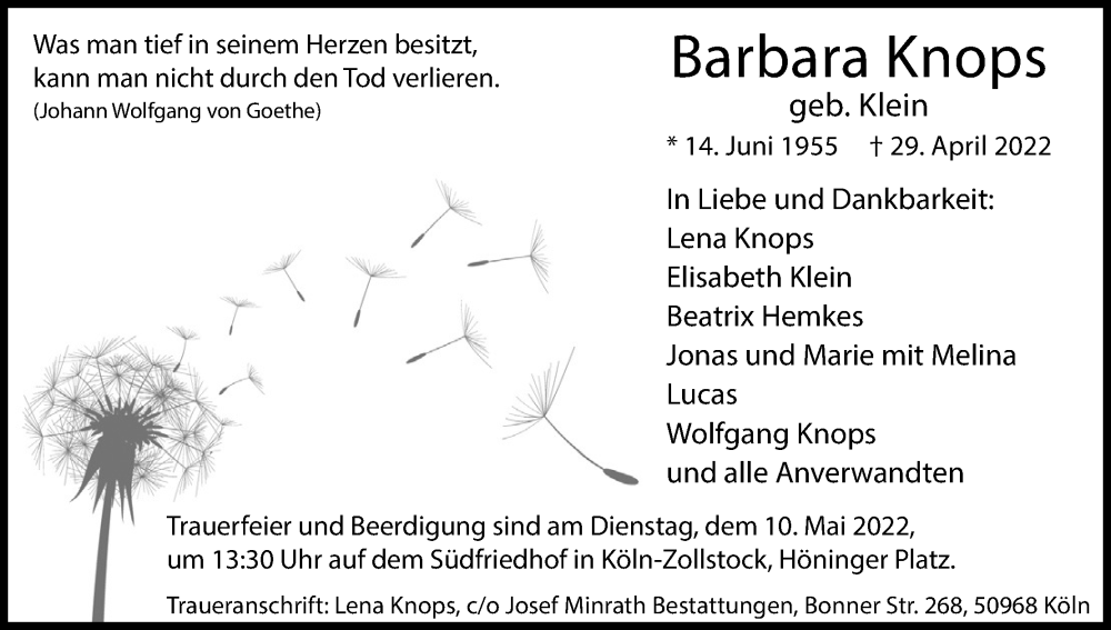  Traueranzeige für Barbara Knops vom 07.05.2022 aus Kölner Stadt-Anzeiger / Kölnische Rundschau / Express
