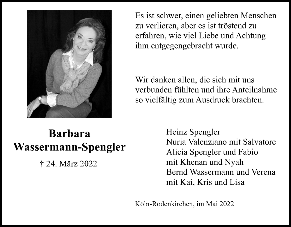  Traueranzeige für Barbara Wassermann-Spengler vom 14.05.2022 aus Kölner Stadt-Anzeiger / Kölnische Rundschau / Express