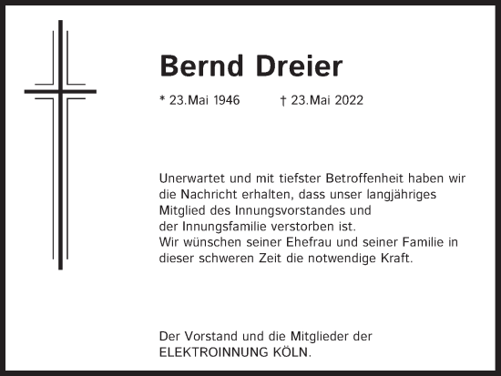 Anzeige von Bernd Dreier von Kölner Stadt-Anzeiger / Kölnische Rundschau / Express