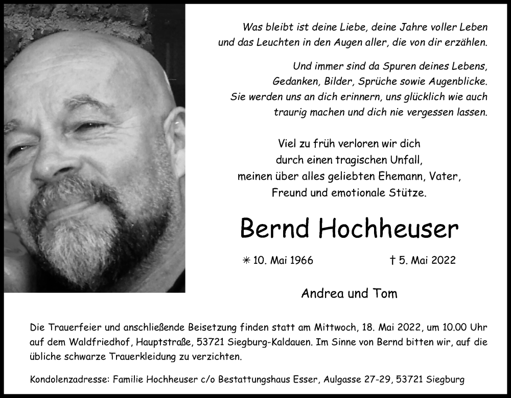  Traueranzeige für Bernd Hochheuser vom 14.05.2022 aus Kölner Stadt-Anzeiger / Kölnische Rundschau / Express