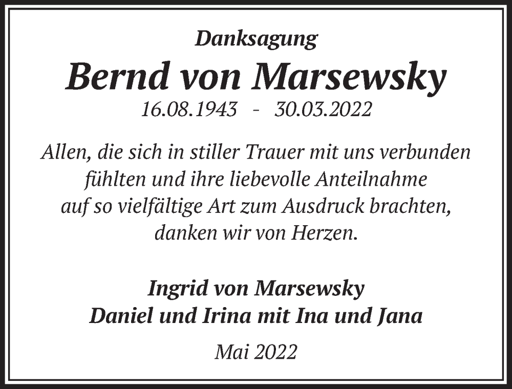  Traueranzeige für Bernd von Marsewsky vom 06.05.2022 aus  Werbepost 