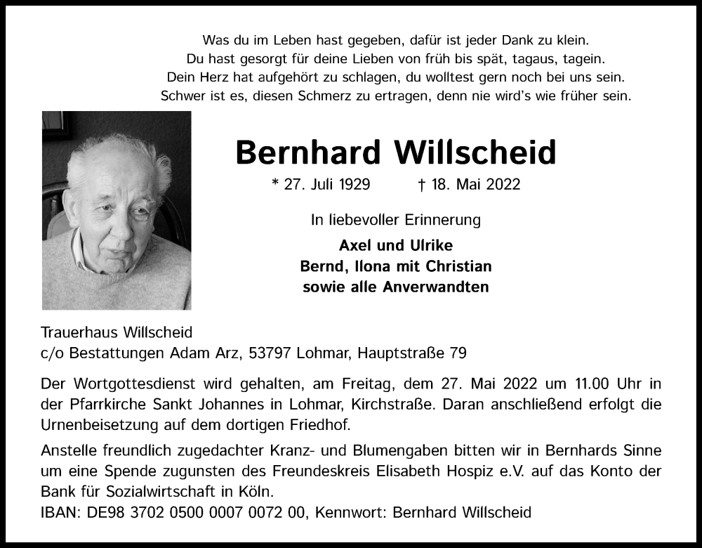  Traueranzeige für Bernhard Willscheid vom 21.05.2022 aus Kölner Stadt-Anzeiger / Kölnische Rundschau / Express