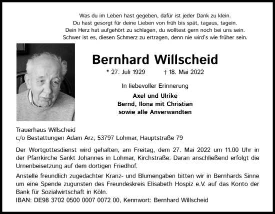 Anzeige von Bernhard Willscheid von Kölner Stadt-Anzeiger / Kölnische Rundschau / Express