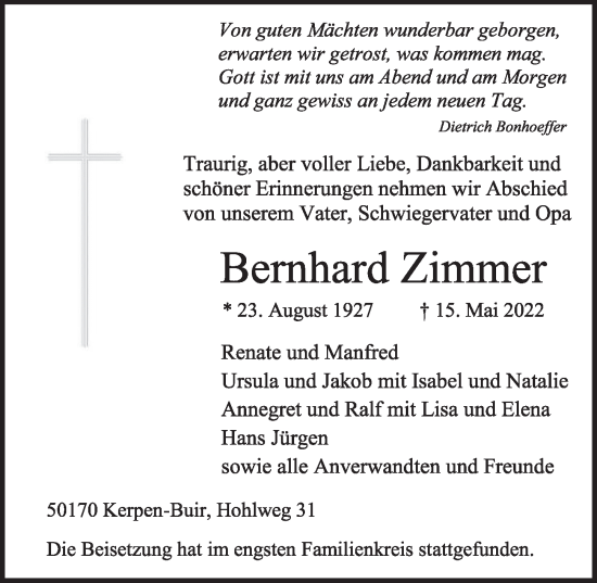 Anzeige von Bernhard Zimmer von  Werbepost 