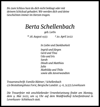 Anzeige von Berta Schellenbach von Kölner Stadt-Anzeiger / Kölnische Rundschau / Express