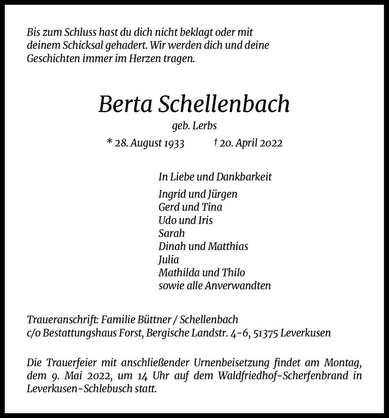  Traueranzeige für Berta Schellenbach vom 04.05.2022 aus Kölner Stadt-Anzeiger / Kölnische Rundschau / Express