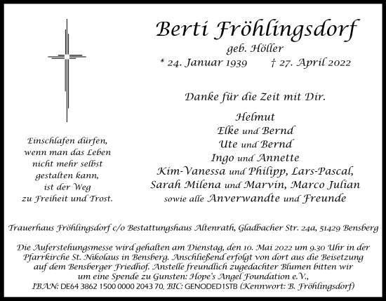 Anzeige von Berti Fröhlingsdorf von Kölner Stadt-Anzeiger / Kölnische Rundschau / Express