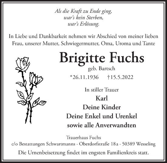 Anzeige von Brigitte Fuchs von  Schlossbote/Werbekurier 