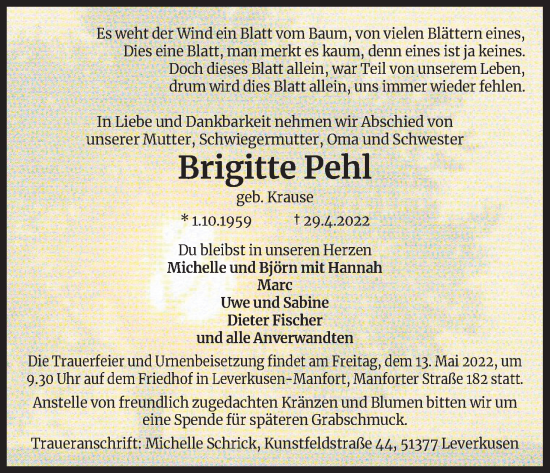 Anzeige von Brigitte Pehl von Kölner Stadt-Anzeiger / Kölnische Rundschau / Express