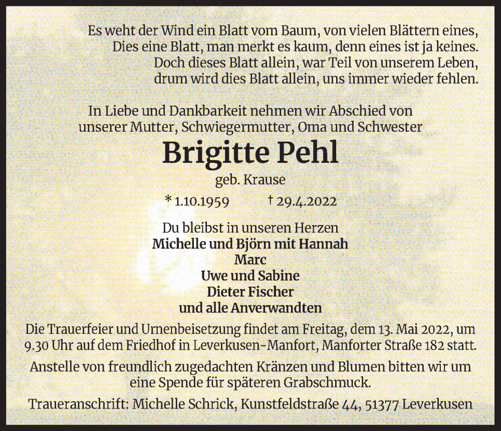  Traueranzeige für Brigitte Pehl vom 07.05.2022 aus Kölner Stadt-Anzeiger / Kölnische Rundschau / Express