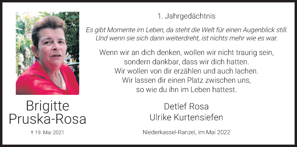  Traueranzeige für Brigitte Pruska-Rosa vom 14.05.2022 aus Kölner Stadt-Anzeiger / Kölnische Rundschau / Express