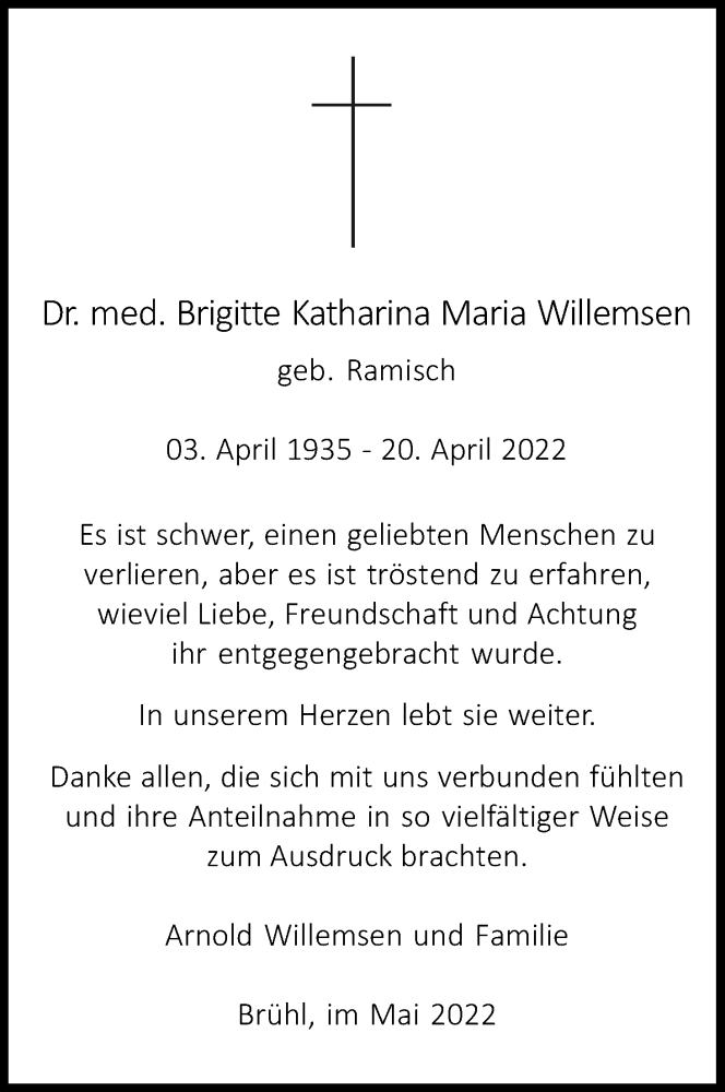  Traueranzeige für Brigitte Katharina Maria Willemsen vom 21.05.2022 aus Kölner Stadt-Anzeiger / Kölnische Rundschau / Express