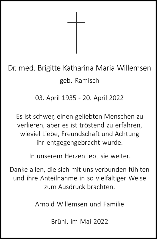 Anzeige von Brigitte Katharina Maria Willemsen von  Schlossbote/Werbekurier 