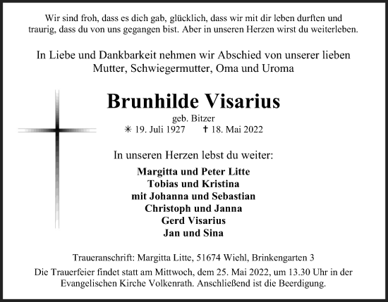 Anzeige von Brunhilde Visarius von Kölner Stadt-Anzeiger / Kölnische Rundschau / Express