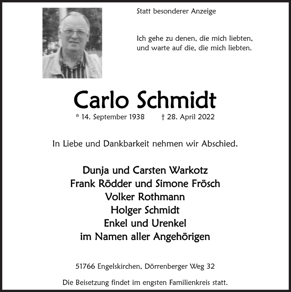  Traueranzeige für Carlo Schmidt vom 06.05.2022 aus  Anzeigen Echo 