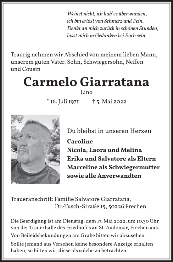 Anzeige von Carmelo Giarratana von  Wochenende 