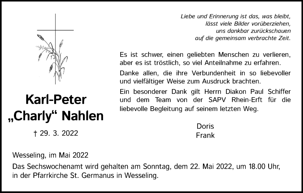  Traueranzeige für Charly Nahlen vom 14.05.2022 aus Kölner Stadt-Anzeiger / Kölnische Rundschau / Express