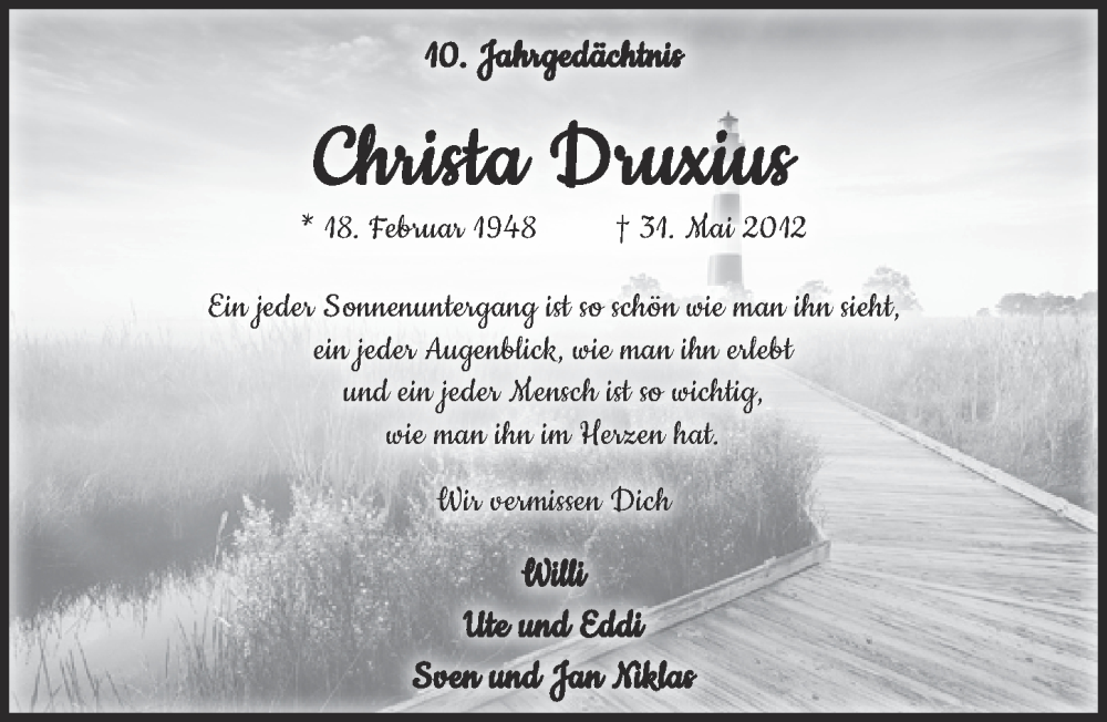  Traueranzeige für Christa Druxius vom 27.05.2022 aus  EXPRESS - Die Woche 