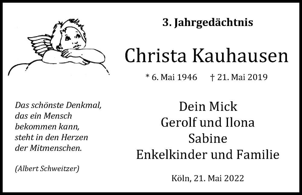  Traueranzeige für Christa Kauhausen vom 21.05.2022 aus Kölner Stadt-Anzeiger / Kölnische Rundschau / Express