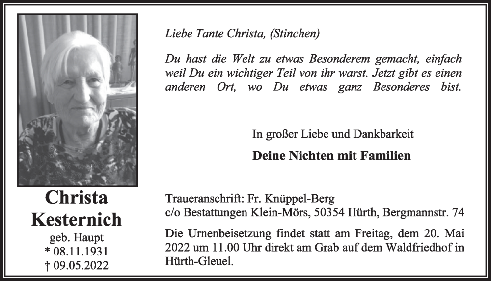  Traueranzeige für Christa Kesternich vom 13.05.2022 aus  Wochenende 