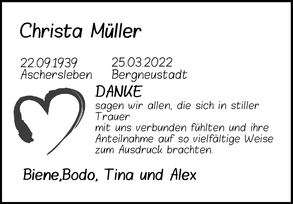  Traueranzeige für Christa Müller vom 07.05.2022 aus Kölner Stadt-Anzeiger / Kölnische Rundschau / Express