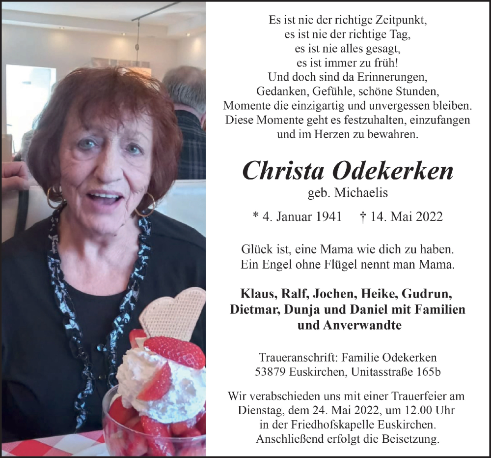  Traueranzeige für Christa Odekerken vom 21.05.2022 aus  Blickpunkt Euskirchen 