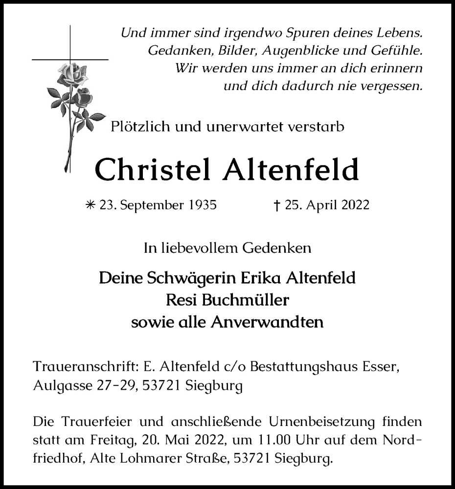  Traueranzeige für Christel Altenfeld vom 14.05.2022 aus Kölner Stadt-Anzeiger / Kölnische Rundschau / Express