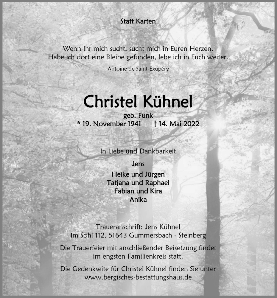  Traueranzeige für Christel Kühne vom 20.05.2022 aus  Anzeigen Echo 