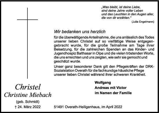 Anzeige von Christel Christine Miebach von Kölner Stadt-Anzeiger / Kölnische Rundschau / Express